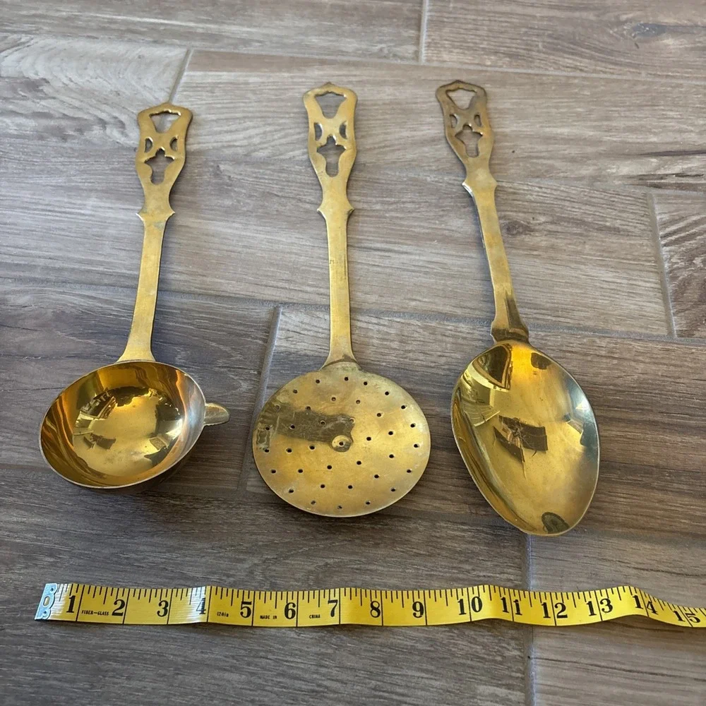 Antique Vintage Set of 3‎ Ornate Brass Serving Utensils